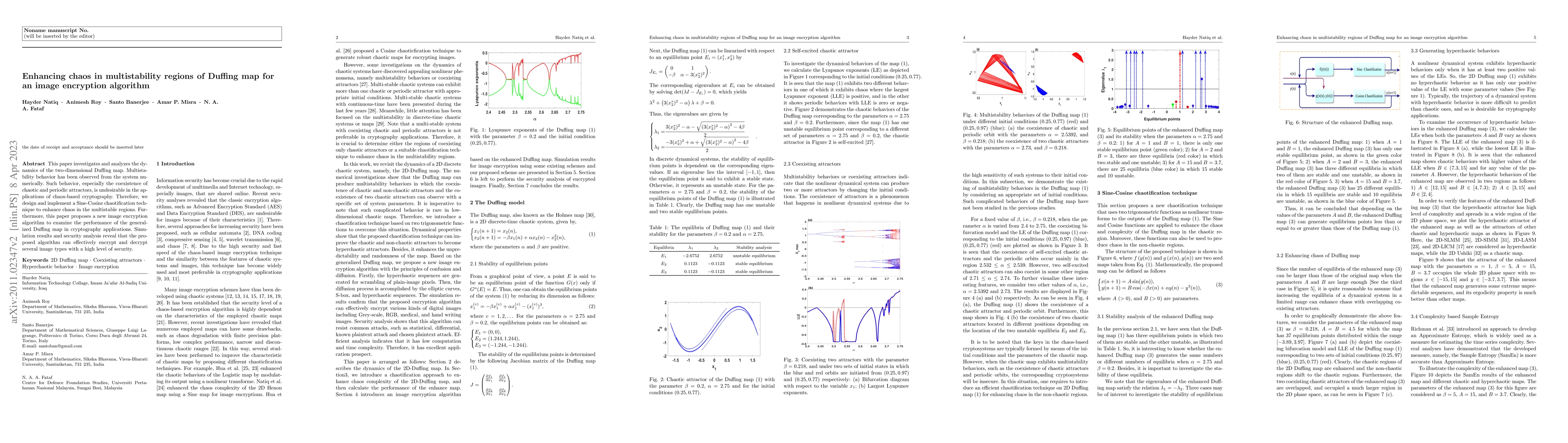 Thumbnail for Enhancing chaos in multistability regions of Duffing map for an
  asymmetric image encryption algorithm