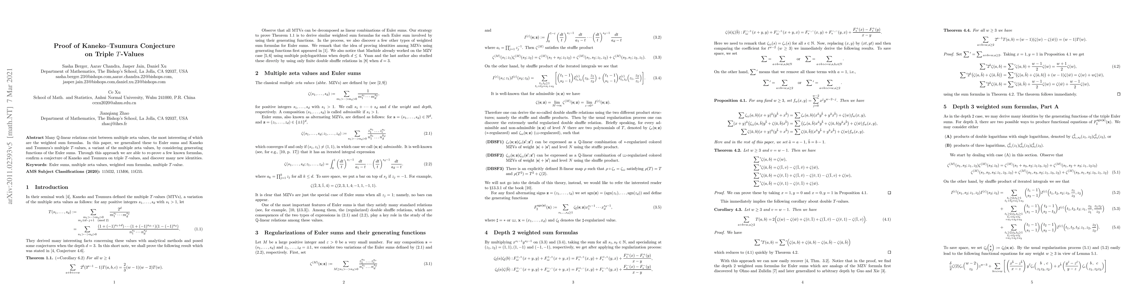 Thumbnail for Proof of Kaneko--Tsumura Conjecture on Triple T-Values