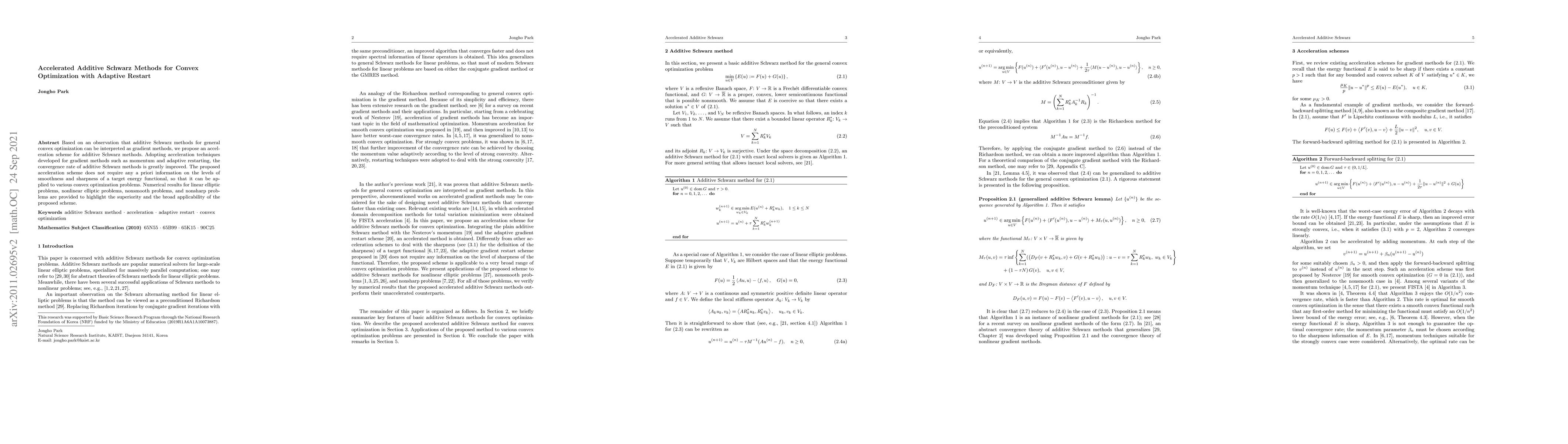 Thumbnail for Accelerated Additive Schwarz Methods for Convex Optimization with
  Adaptive Restart
