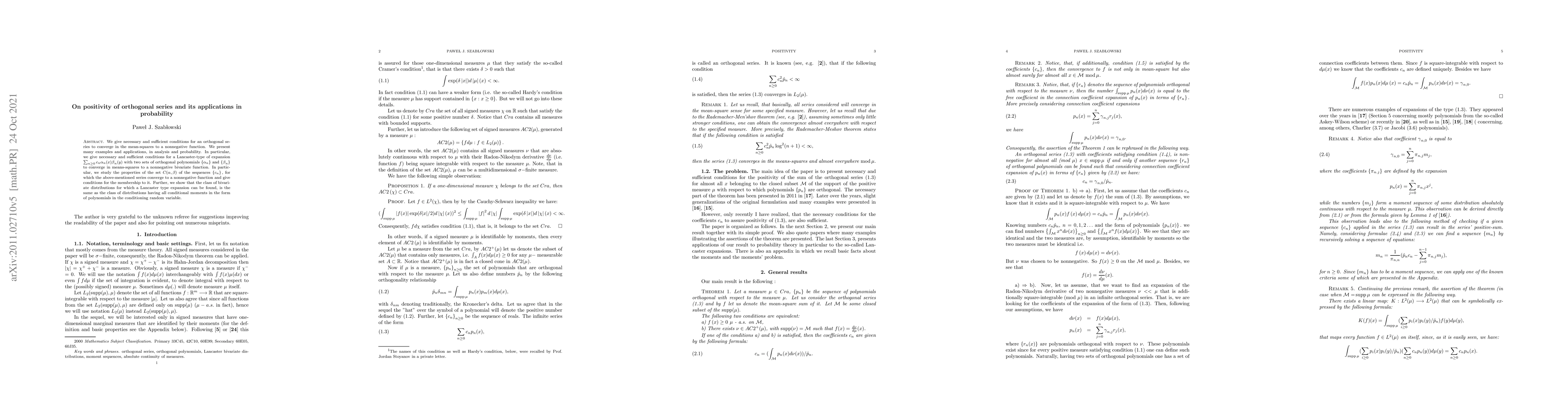 Thumbnail for On positivity of orthogonal series and its applications in probability