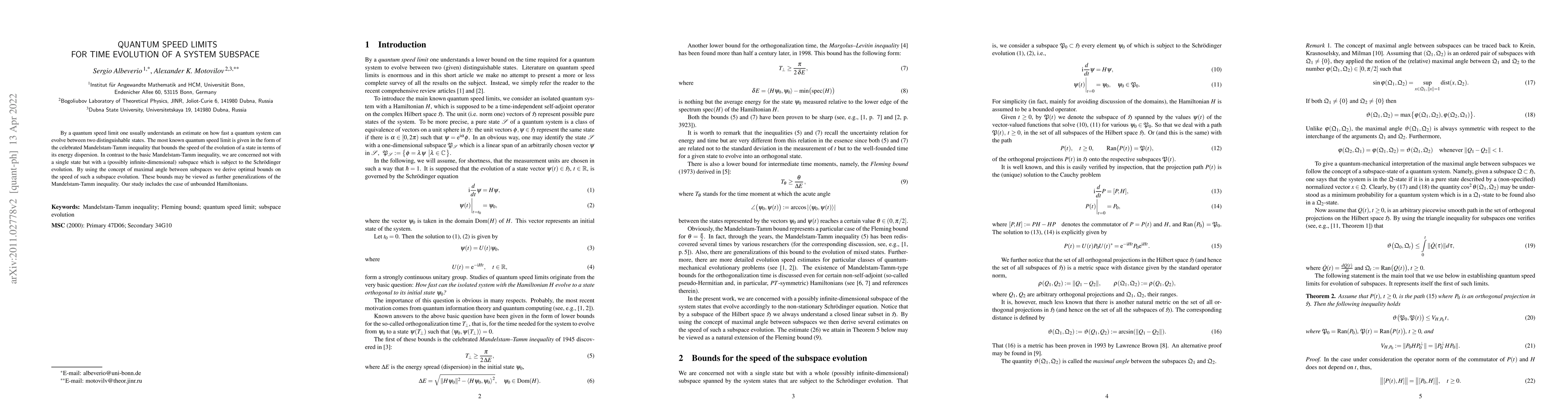 Thumbnail for Quantum speed limits for time evolution of a system subspace