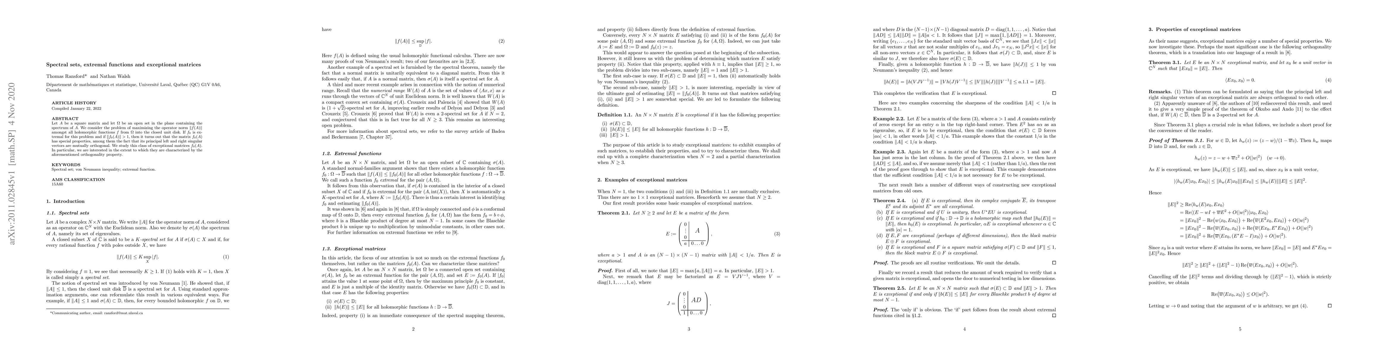 Thumbnail for Spectral sets, extremal functions and exceptional matrices