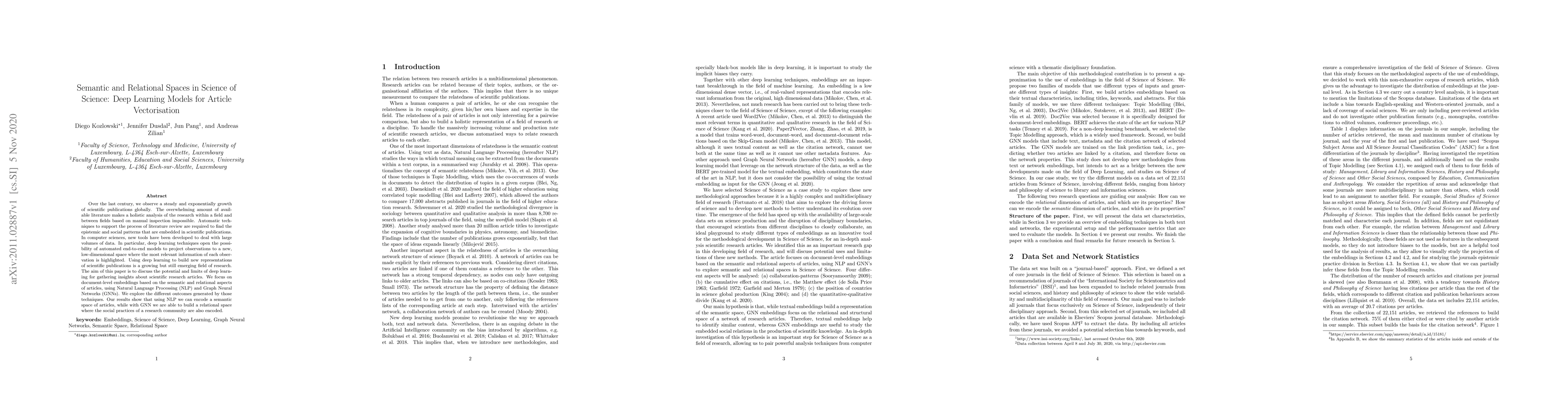 Thumbnail for Semantic and Relational Spaces in Science of Science: Deep Learning
  Models for Article Vectorisation