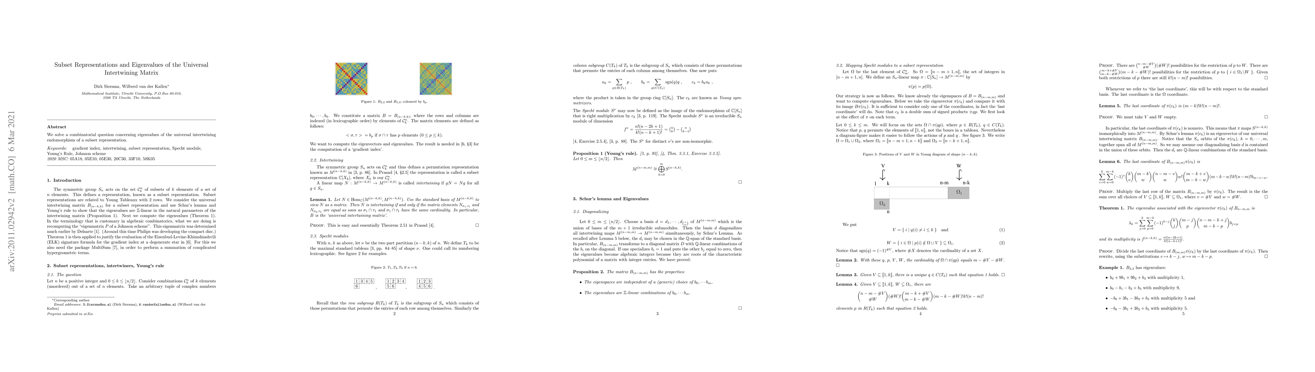 Thumbnail for Subset Representations and Eigenvalues of the Universal Intertwining
  Matrix