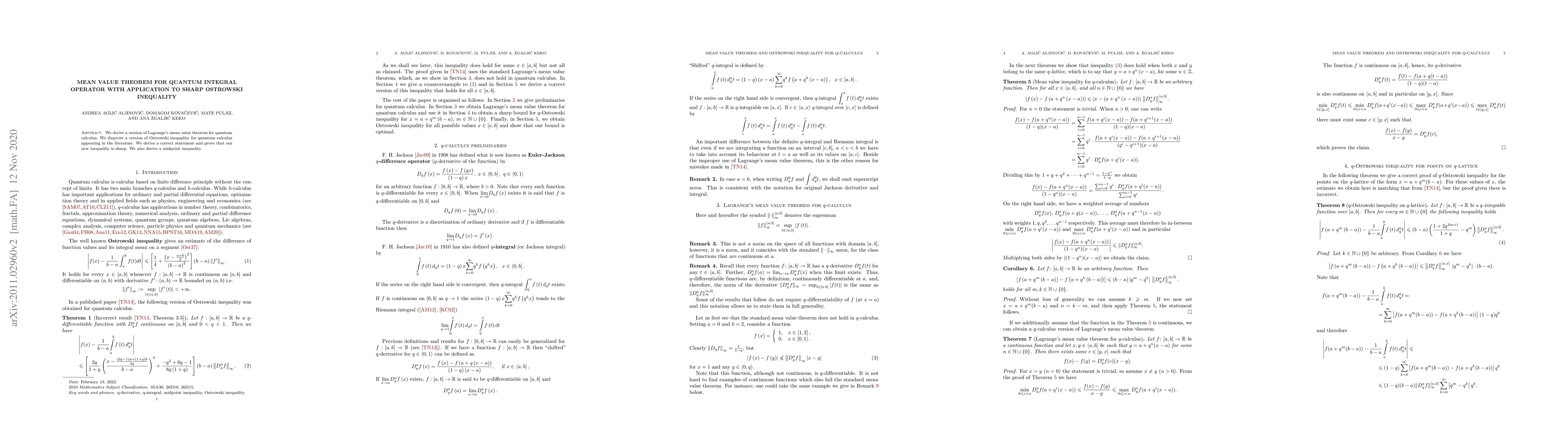 Thumbnail for Mean value theorem for quantum integral operator with application to
  sharp Ostrowski inequality