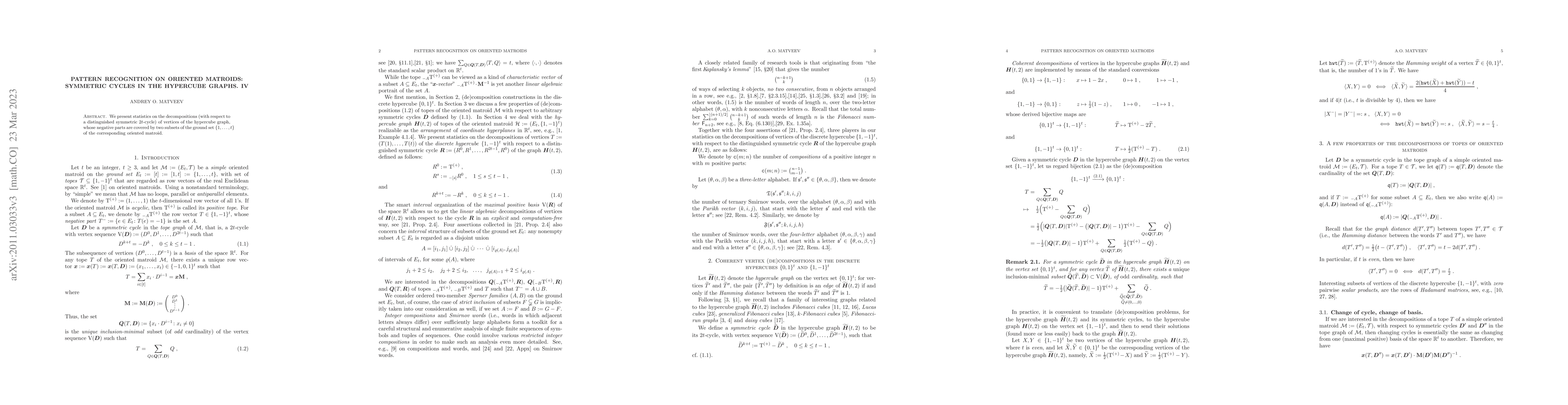 Thumbnail for Pattern Recognition on Oriented Matroids: Symmetric Cycles in the
  Hypercube Graphs. IV