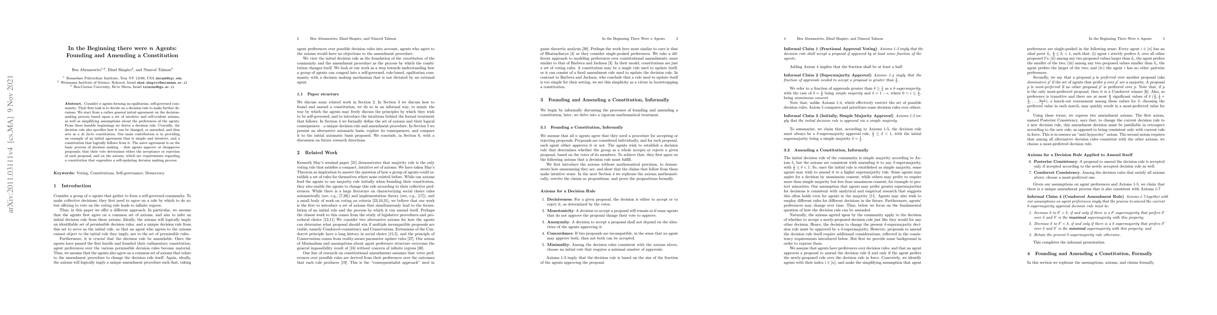 Thumbnail for In the Beginning there were n Agents: Founding and Amending a
  Constitution