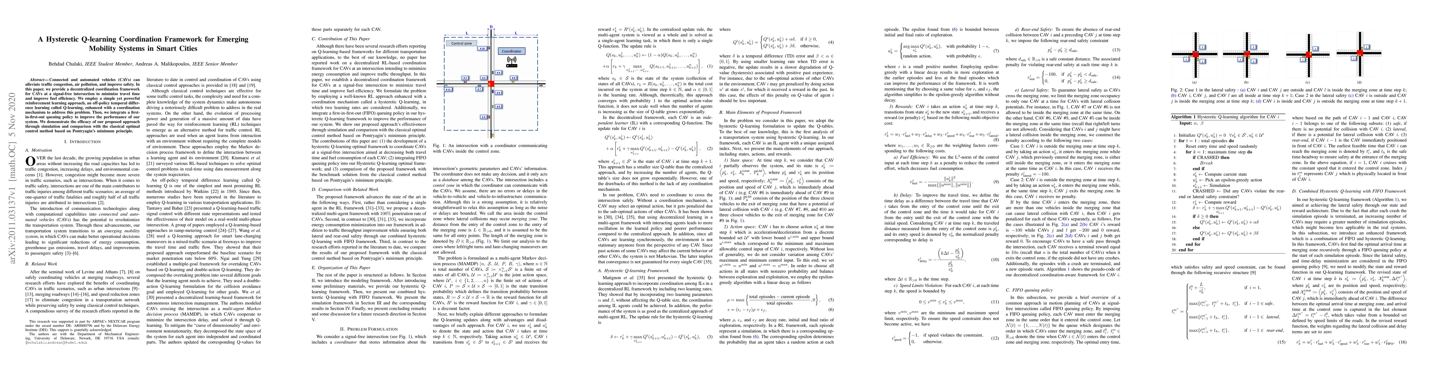Thumbnail for A Hysteretic Q-learning Coordination Framework for Emerging Mobility
  Systems in Smart Cities