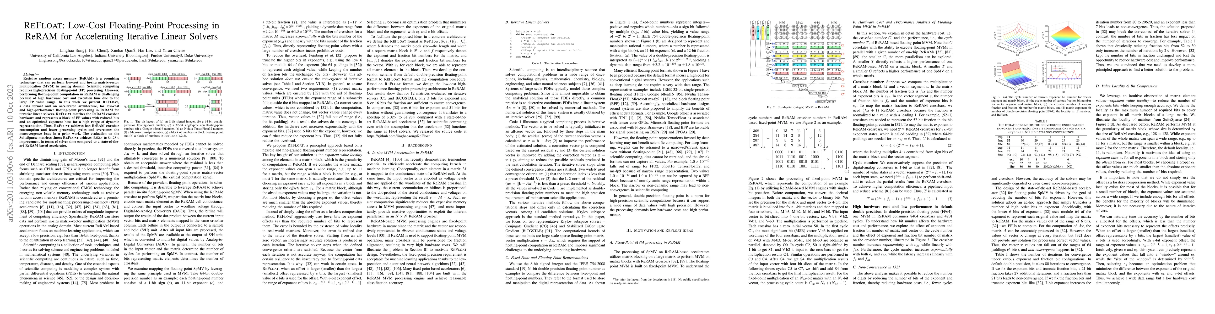 Thumbnail for ReFloat: Low-Cost Floating-Point Processing in ReRAM for Accelerating
  Iterative Linear Solvers