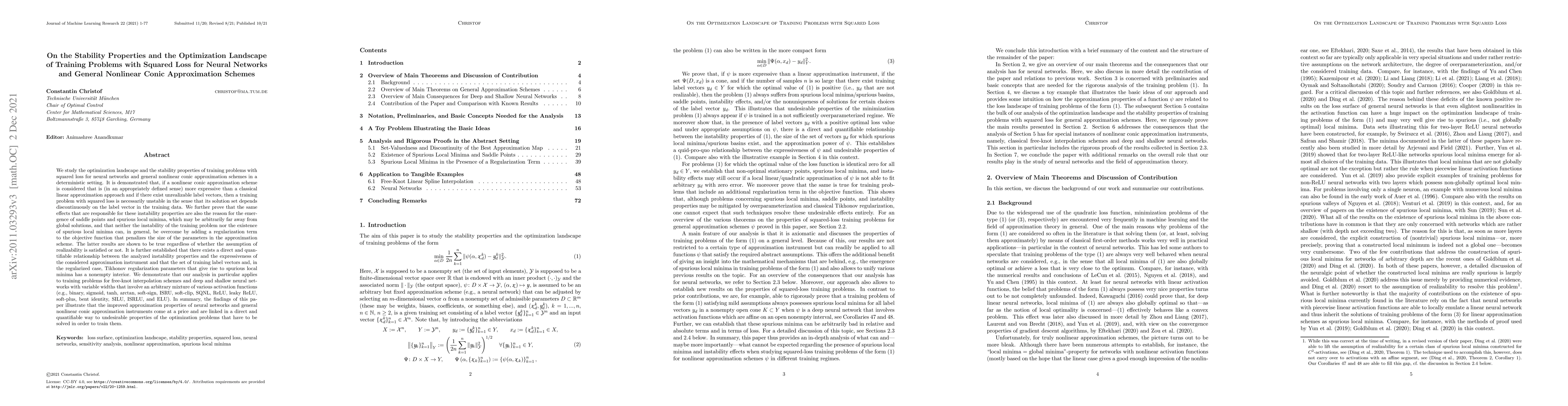 Thumbnail for On the Stability Properties and the Optimization Landscape of Training
  Problems with Squared Loss for Neural Networks and General Nonlinear Conic
  Approximation Schemes