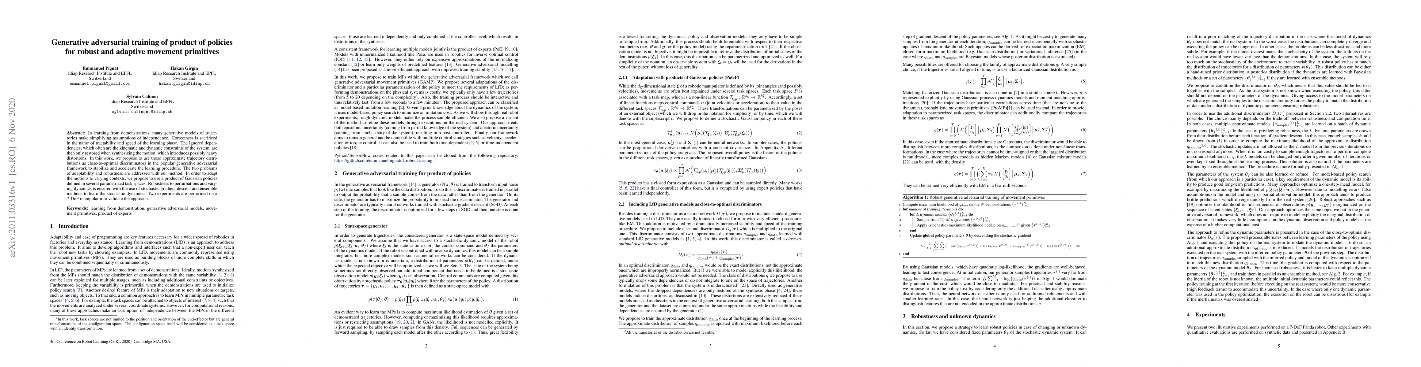 Thumbnail for Generative adversarial training of product of policies for robust and
  adaptive movement primitives