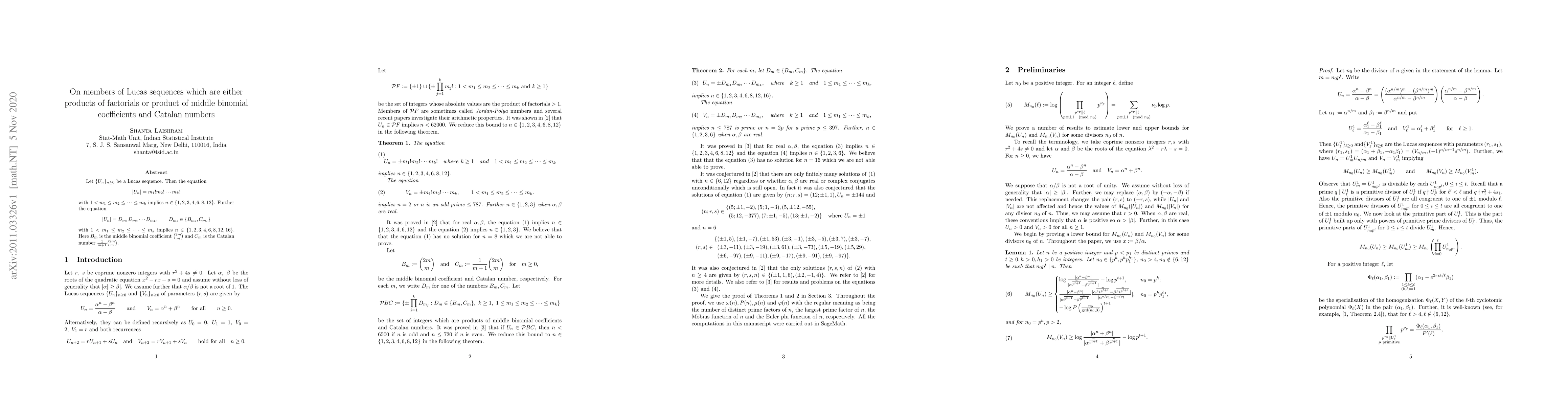 Thumbnail for On members of Lucas sequences which are either products of factorials or
  product of middle binomial coefficients and Catalan numbers