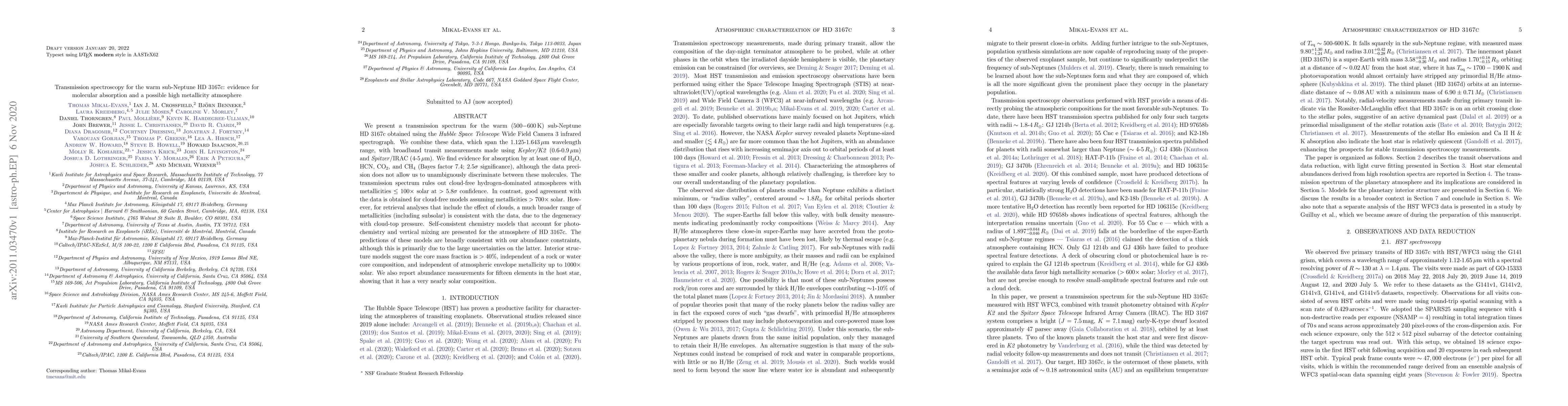 Thumbnail for Transmission spectroscopy for the warm sub-Neptune HD3167c: evidence for
  molecular absorption and a possible high metallicity atmosphere