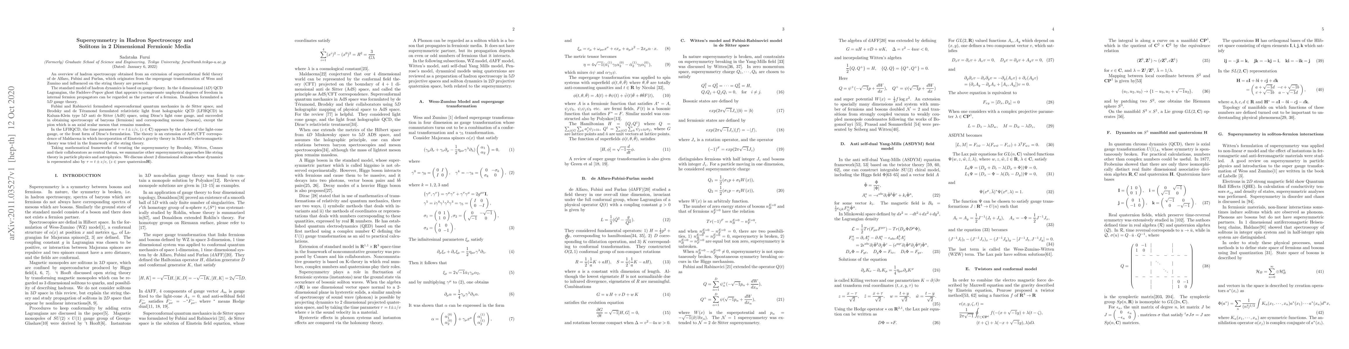 Thumbnail for Supersymmetry in Hadron Spectroscopy and Solitons in 2 Dimensional
  Fermionic Media
