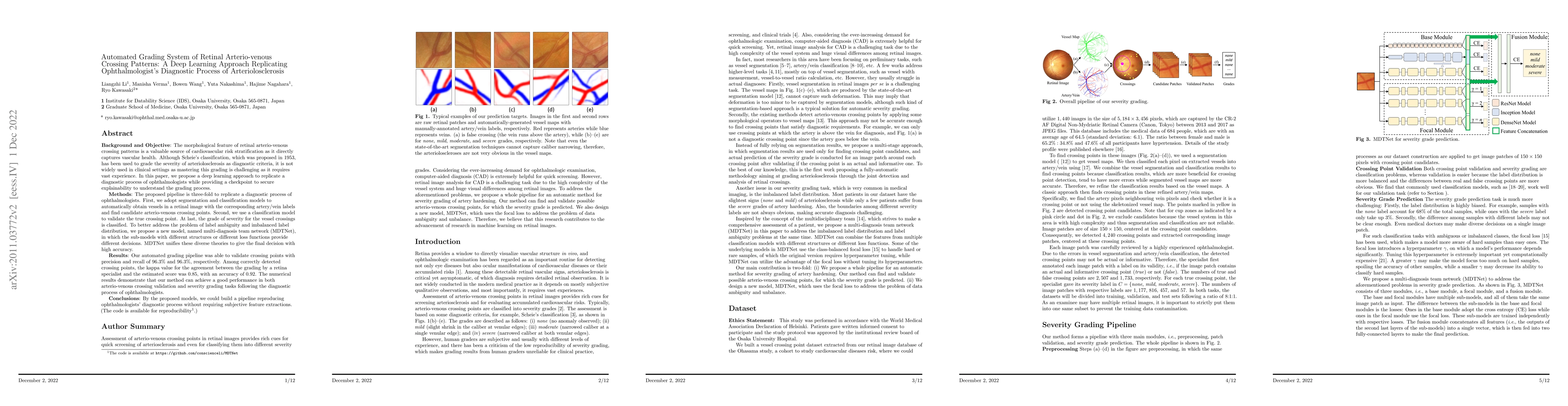 Thumbnail for Automated Grading System of Retinal Arterio-venous Crossing Patterns: A
  Deep Learning Approach Replicating Ophthalmologist's Diagnostic Process of
  Arteriolosclerosis