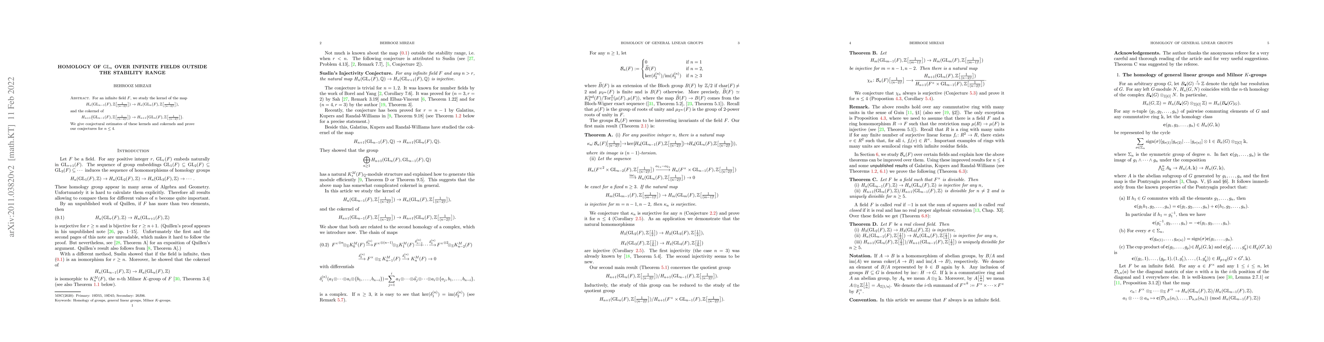 Thumbnail for Homology of $\GL_n$ over infinite fields outside the stability range