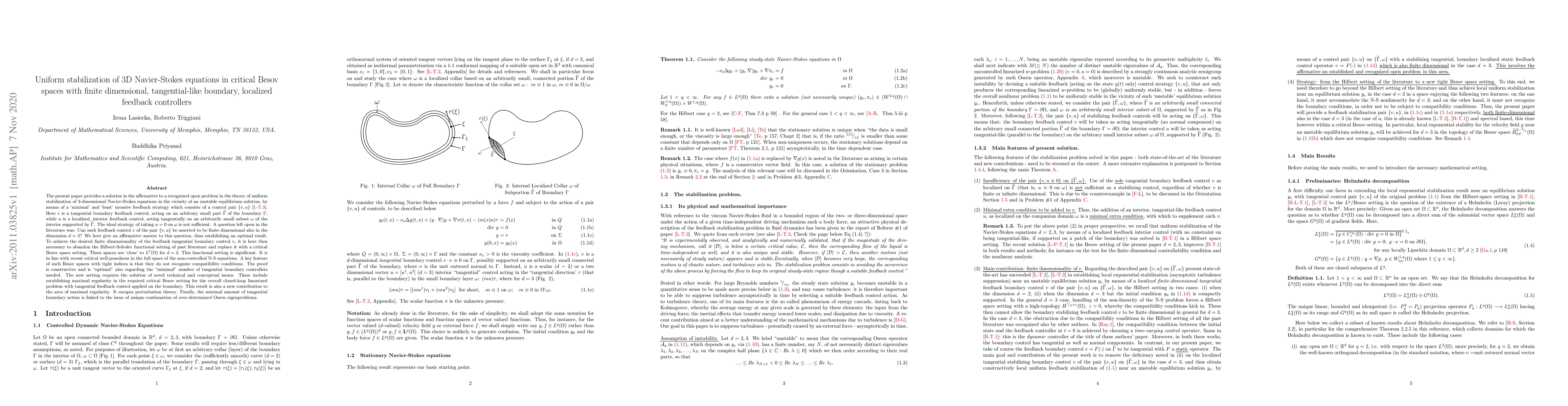 Thumbnail for Uniform stabilization of 3D Navier-Stokes equations in critical Besov
  spaces with finite dimensional, tangential-like boundary, localized feedback
  controllers