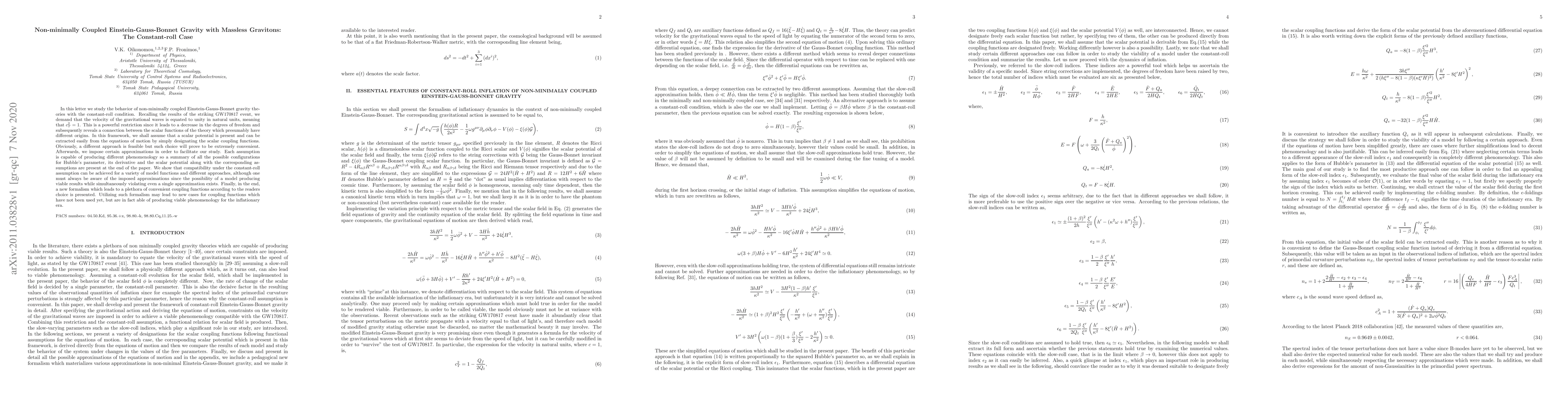 Thumbnail for Non-minimally Coupled Einstein-Gauss-Bonnet Gravity with Massless
  Gravitons: The Constant-roll Case