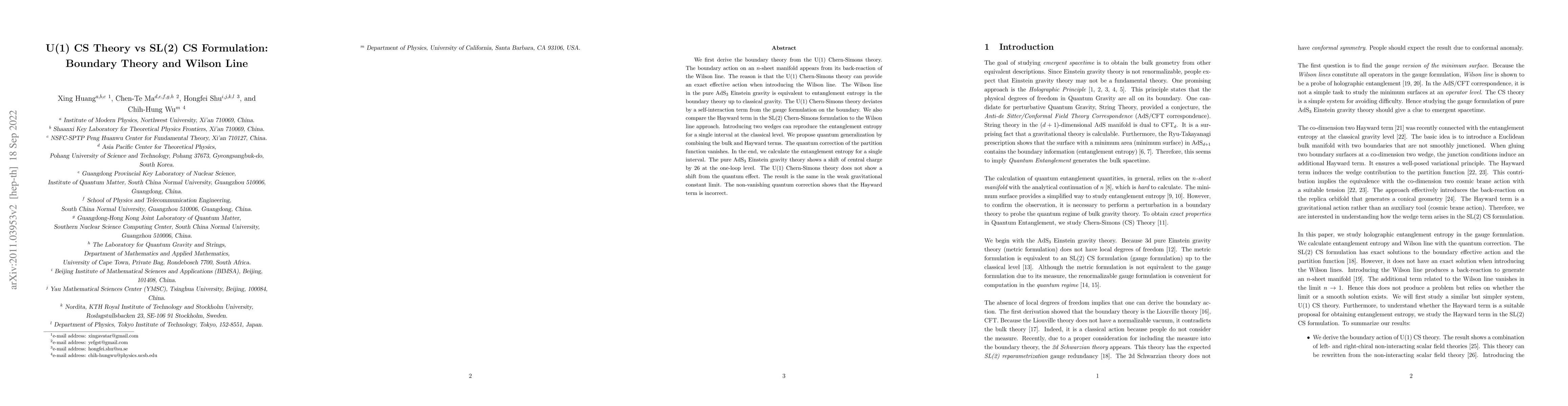 Thumbnail for U(1) CS Theory vs SL(2) CS Formulation: Boundary Theory and Wilson Line
