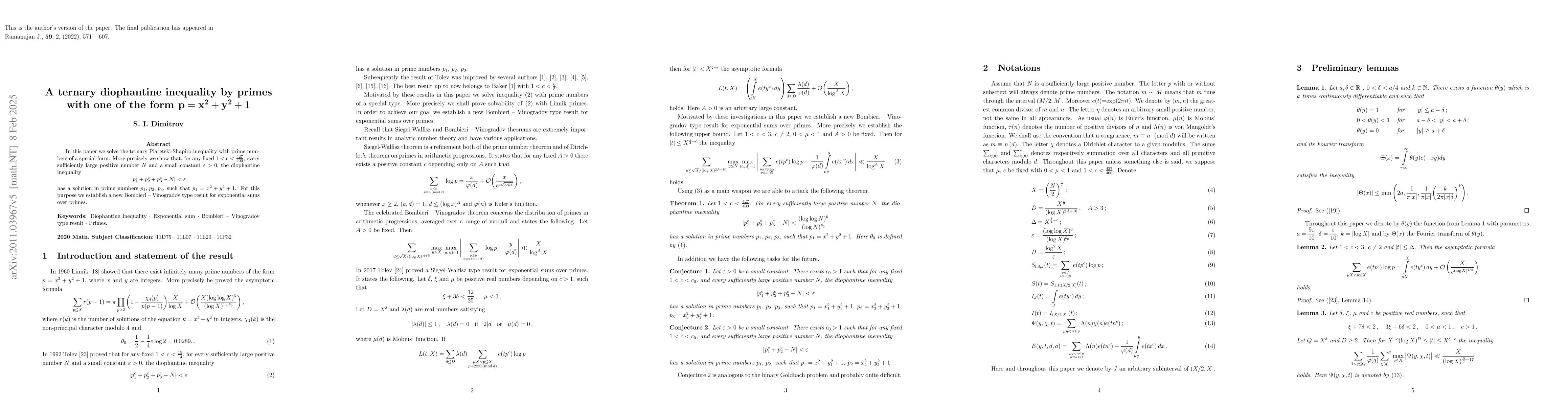 Thumbnail for A ternary diophantine inequality by primes with one of the form
  $\mathbf{p=x^2+y^2+1}$