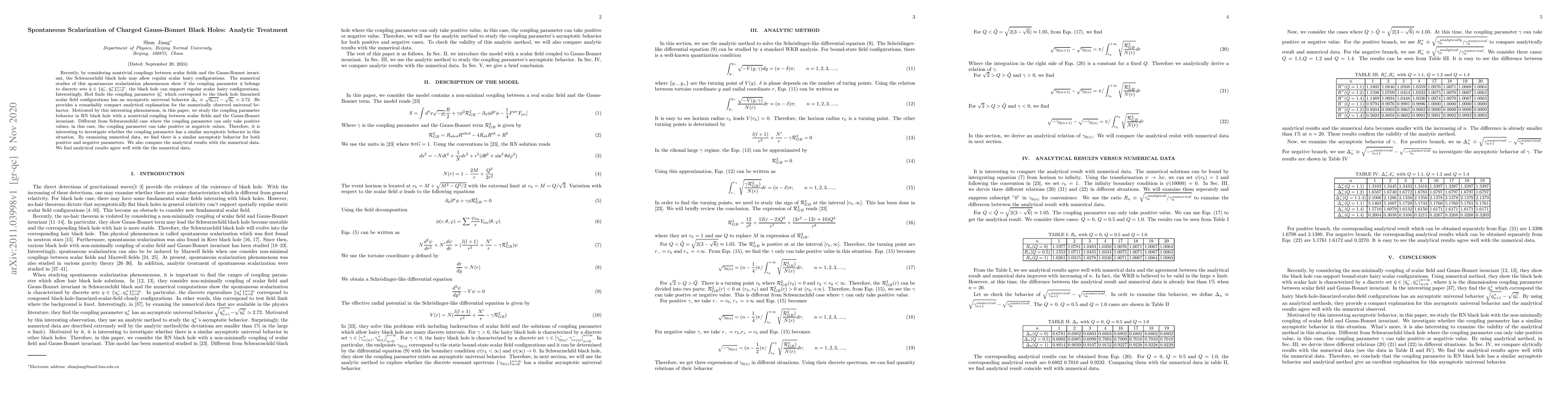 Thumbnail for Spontaneous Scalarization of Charged Gauss-Bonnet Black Holes: Analytic
  Treatment