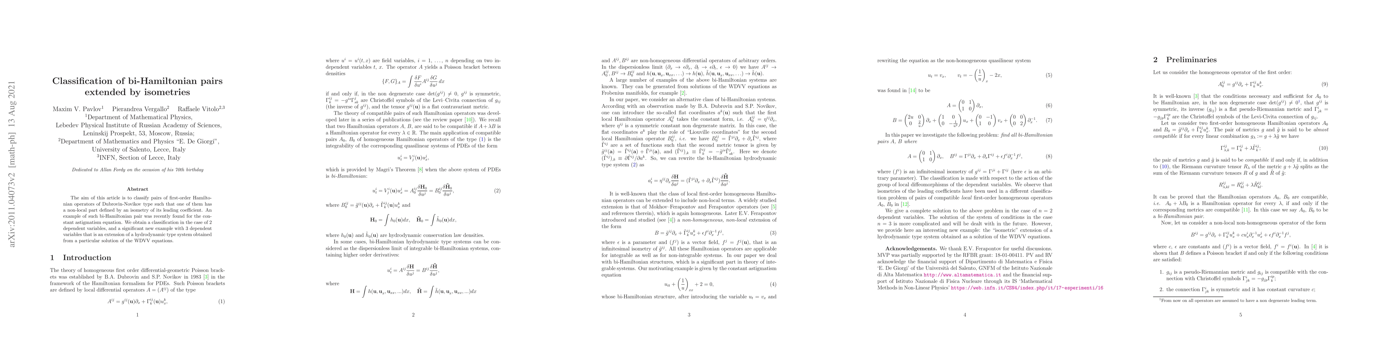 Thumbnail for Classification of bi-Hamiltonian pairs extended by isometries