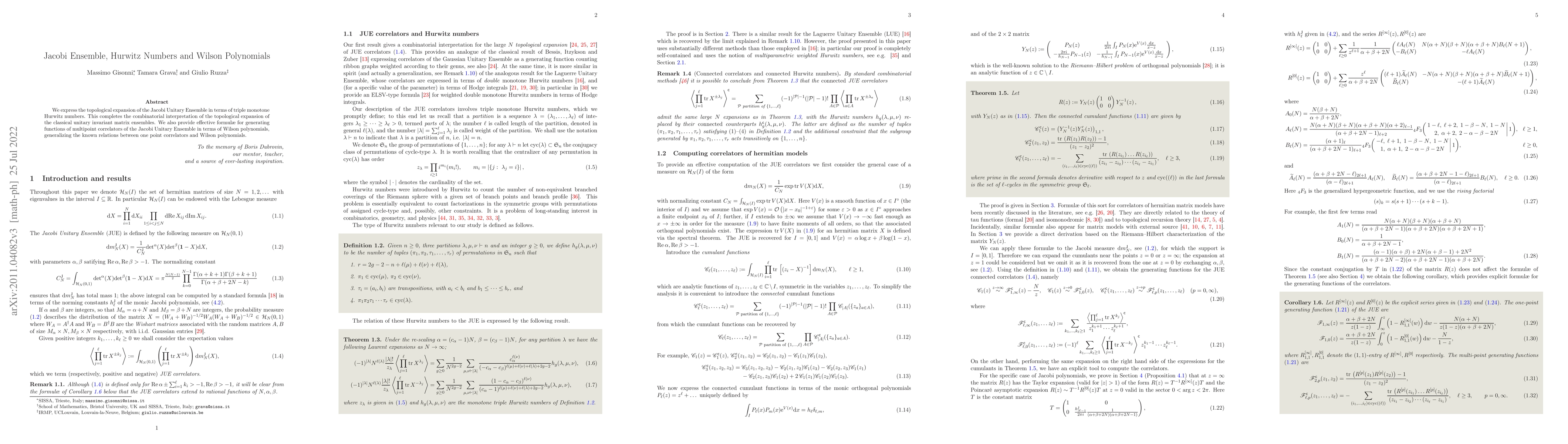 Thumbnail for Jacobi Ensemble, Hurwitz Numbers and Wilson Polynomials