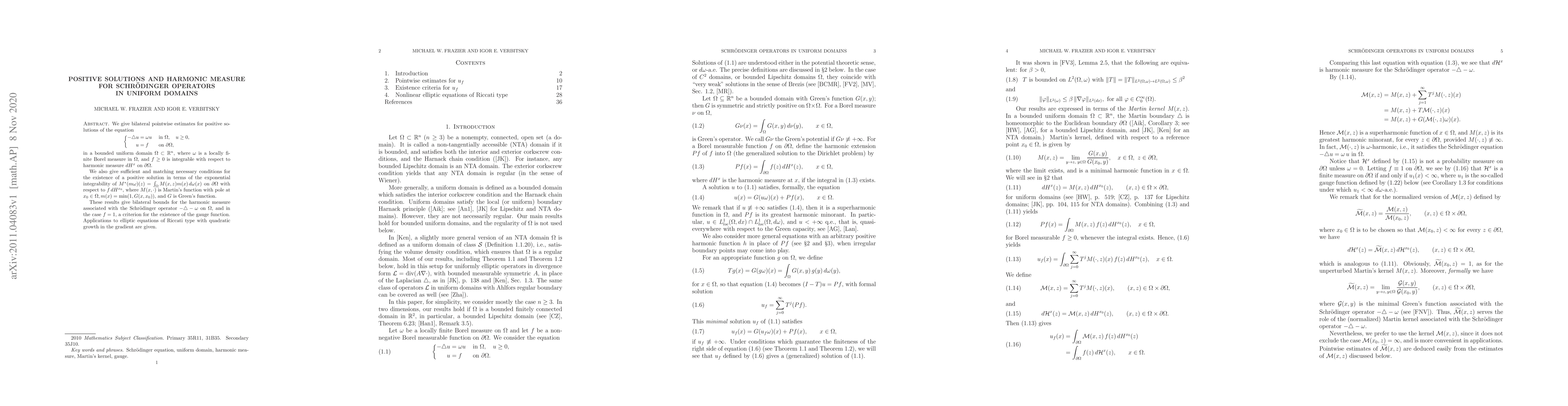 Thumbnail for Positive solutions and harmonic measure for Schr\"{o}dinger operators in
  uniform domains