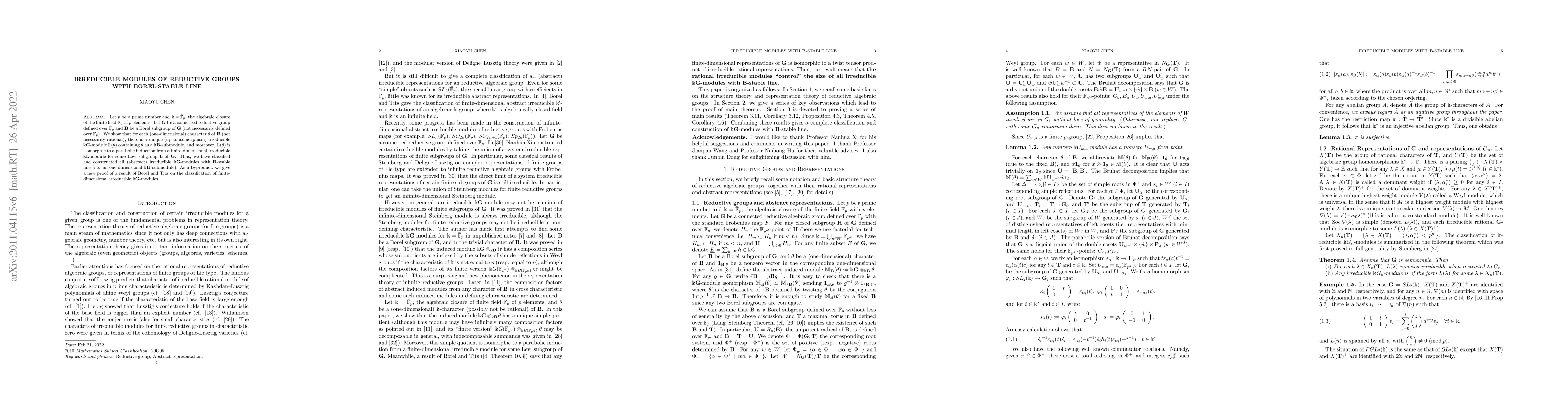 Thumbnail for Irreducible Modules of Reductive Groups with Borel-stable Line
