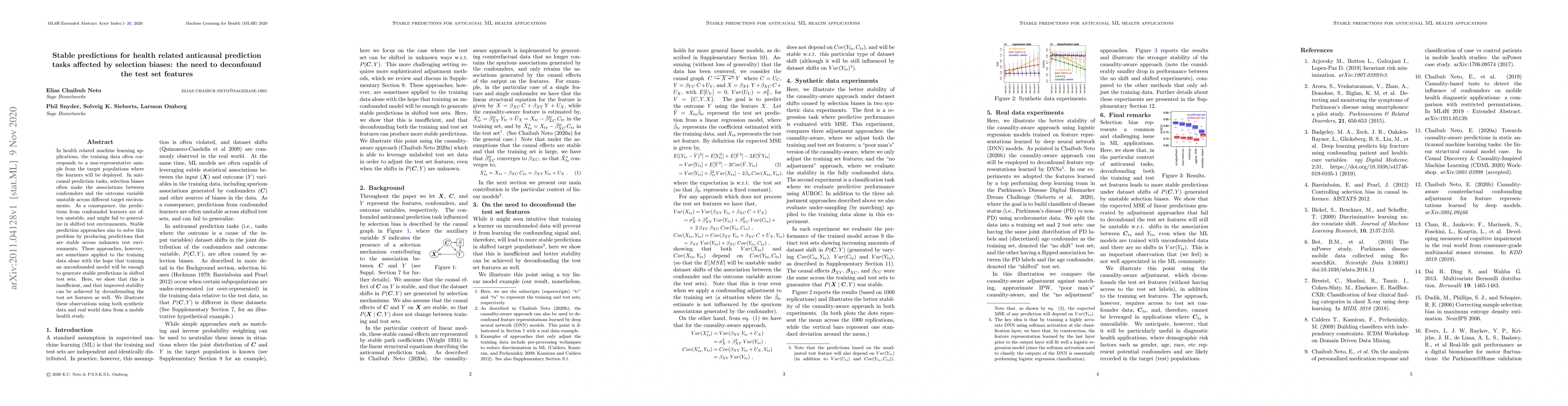 Thumbnail for Stable predictions for health related anticausal prediction tasks
  affected by selection biases: the need to deconfound the test set features