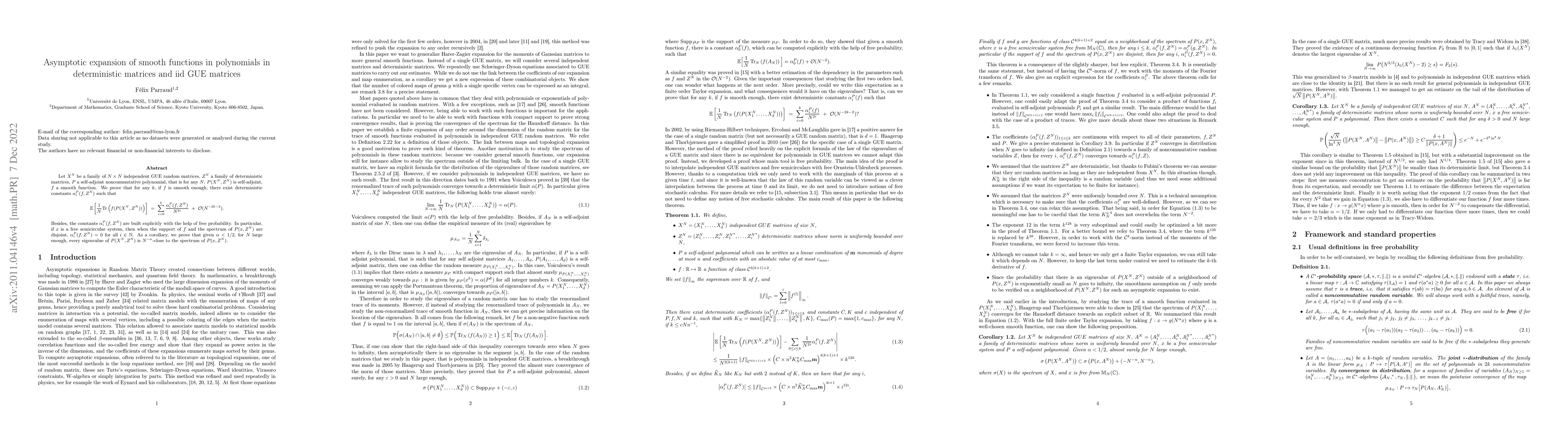 Thumbnail for Asymptotic expansion of smooth functions in polynomials in deterministic
  matrices and iid GUE matrices