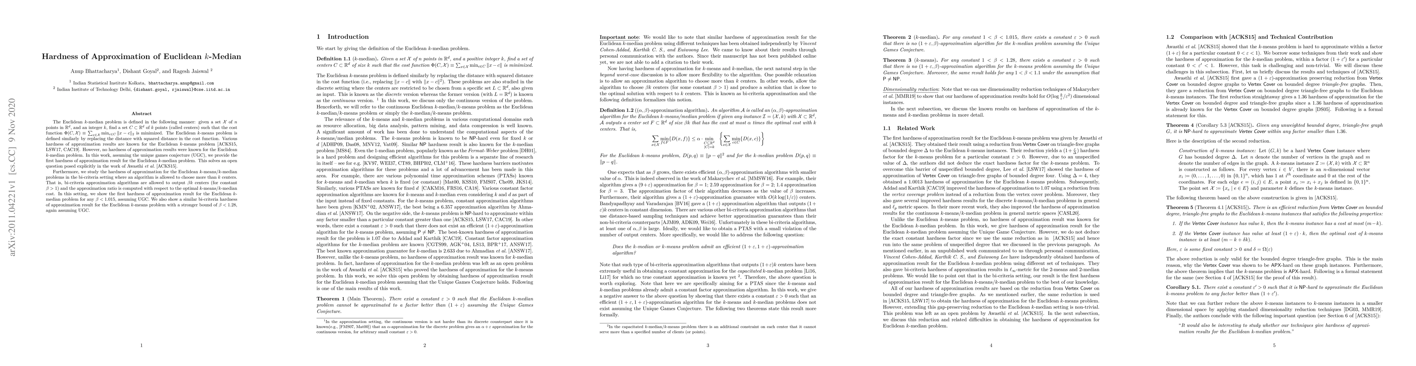 Thumbnail for Hardness of Approximation of Euclidean $k$-Median