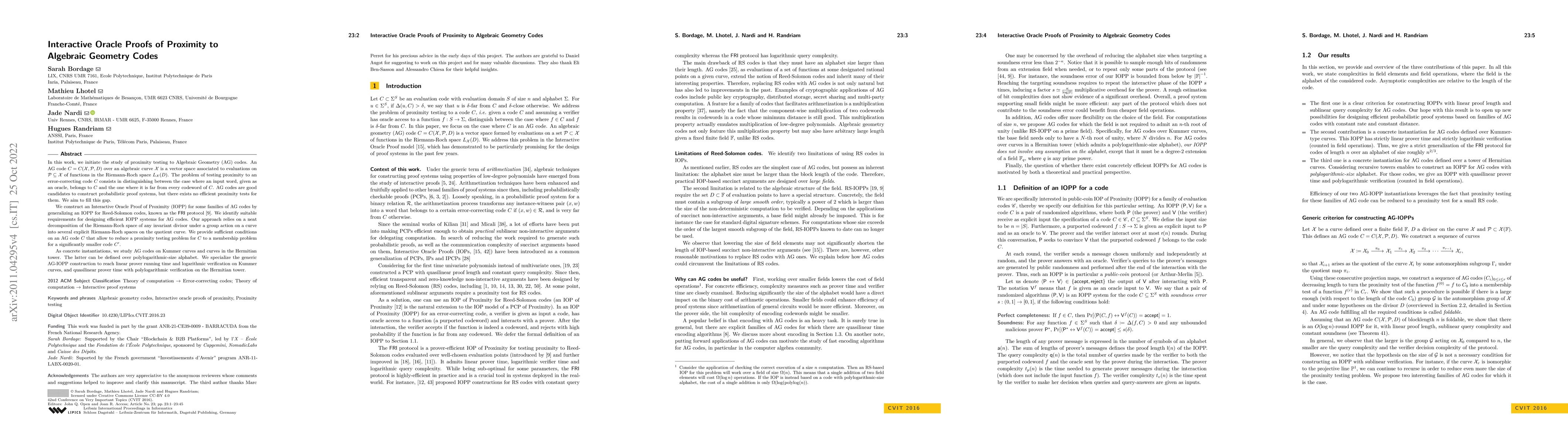 Thumbnail for Interactive Oracle Proofs of Proximity to Algebraic Geometry Codes