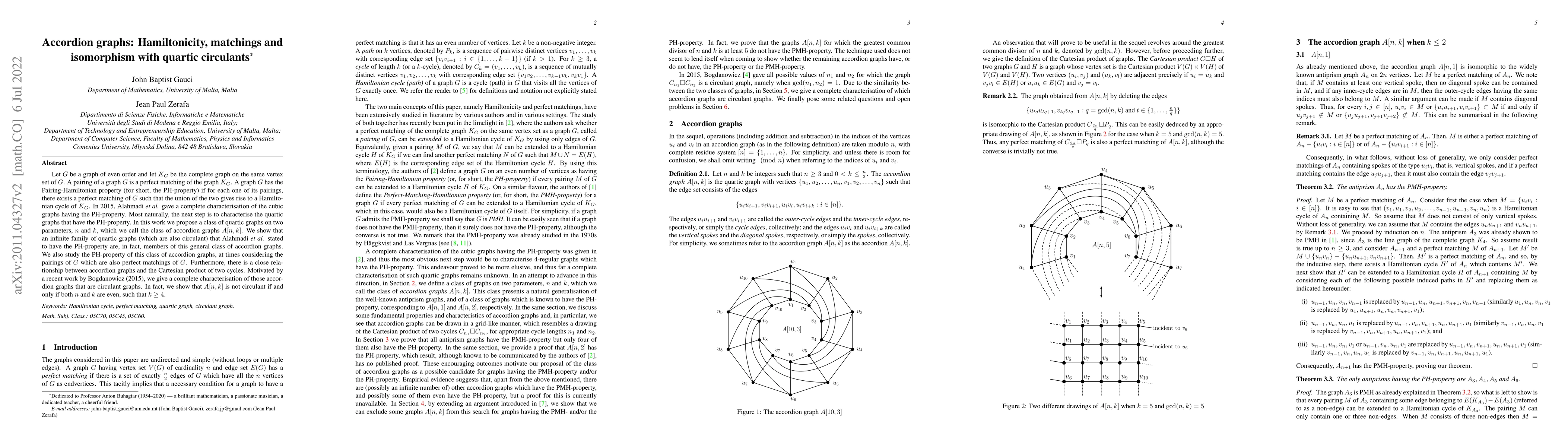 Thumbnail for Accordion graphs: Hamiltonicity, matchings and isomorphism with quartic
  circulants