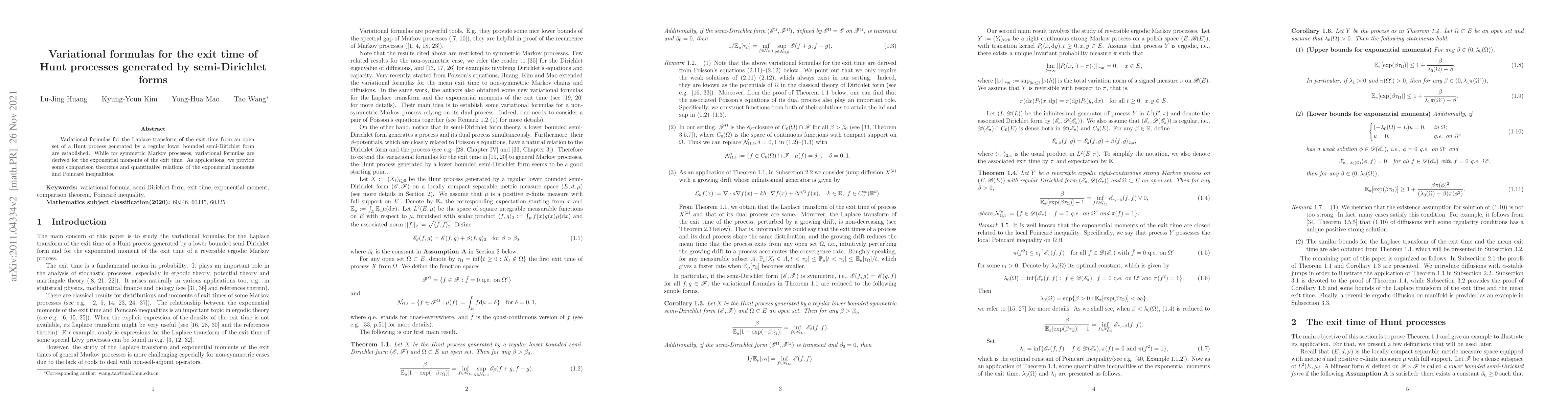 Thumbnail for Variational formulas for the exit time of Hunt processes generated by
  semi-Dirichlet forms