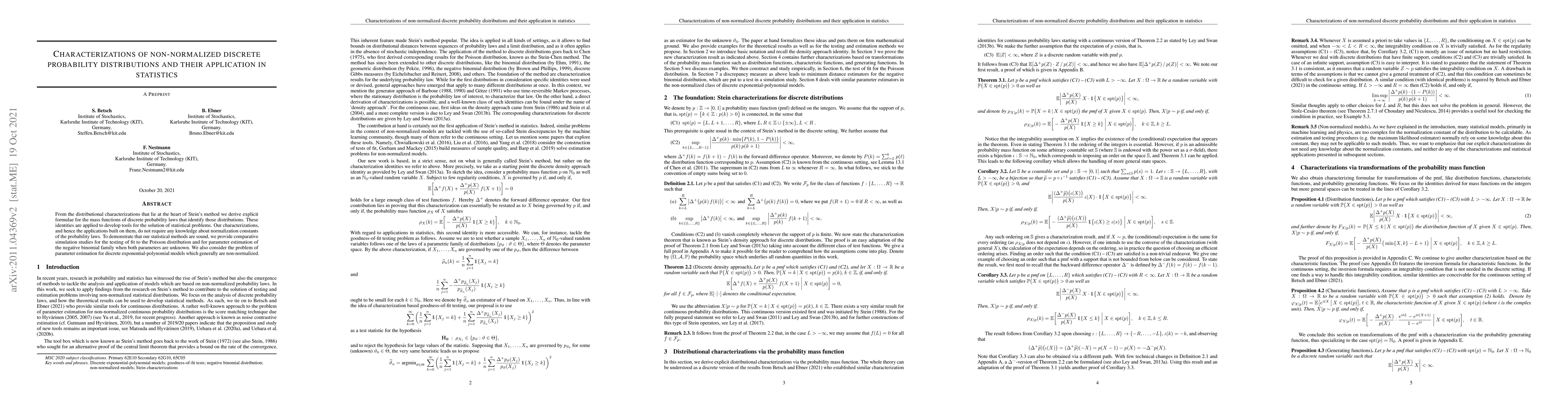 Thumbnail for Characterizations of non-normalized discrete probability distributions
  and their application in statistics