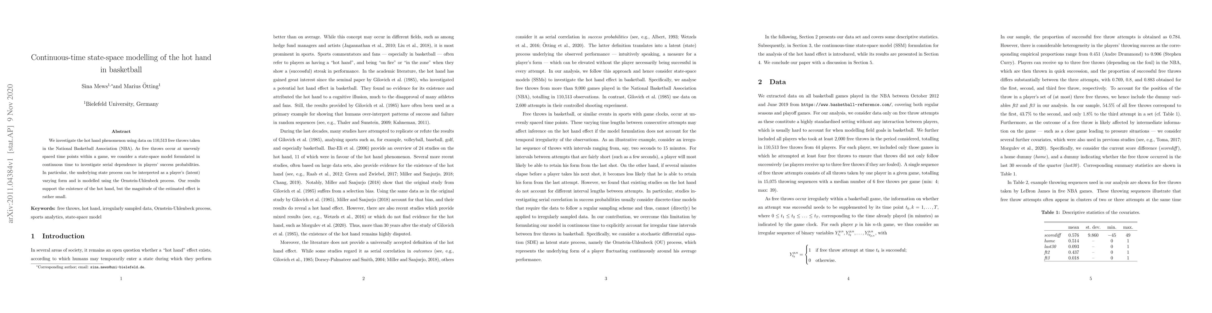 Thumbnail for Continuous-time state-space modelling of the hot hand in basketball