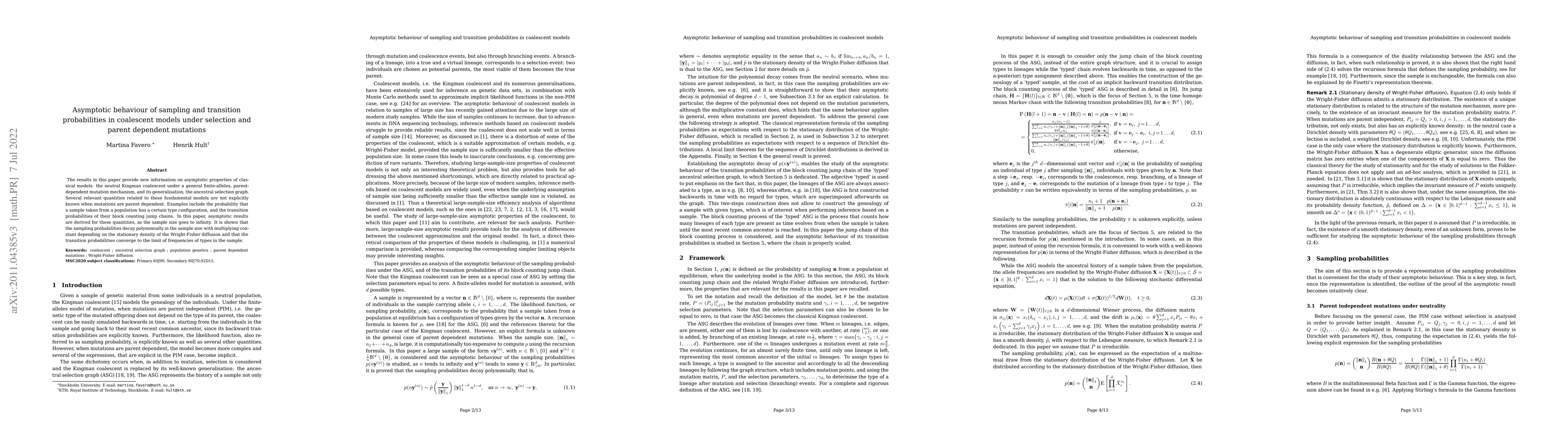 Thumbnail for Asymptotic behaviour of sampling and transition probabilities in
  coalescent models under selection and parent dependent mutations