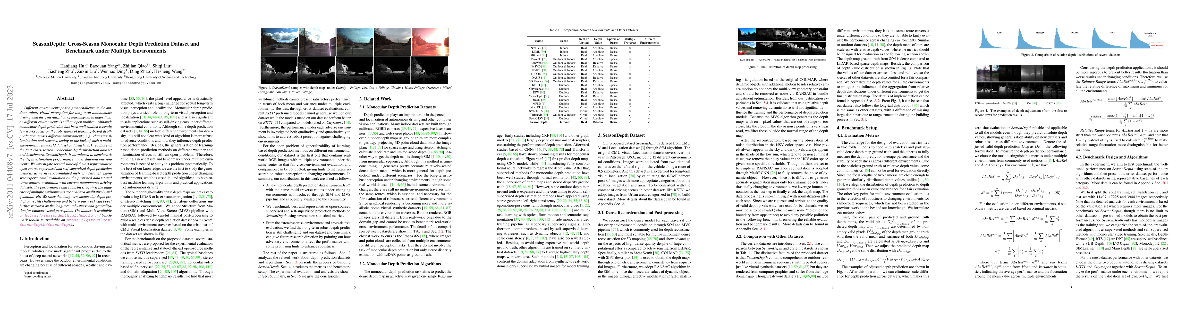 Thumbnail for SeasonDepth: Cross-Season Monocular Depth Prediction Dataset and
  Benchmark under Multiple Environments