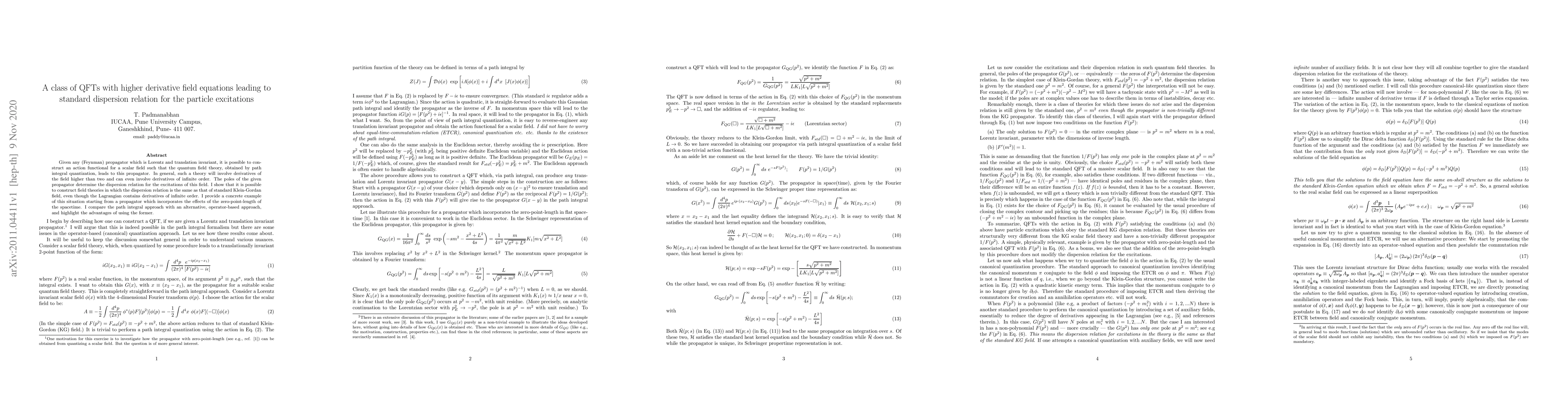 Thumbnail for A class of QFTs with higher derivative field equations leading to
  standard dispersion relation for the particle excitations