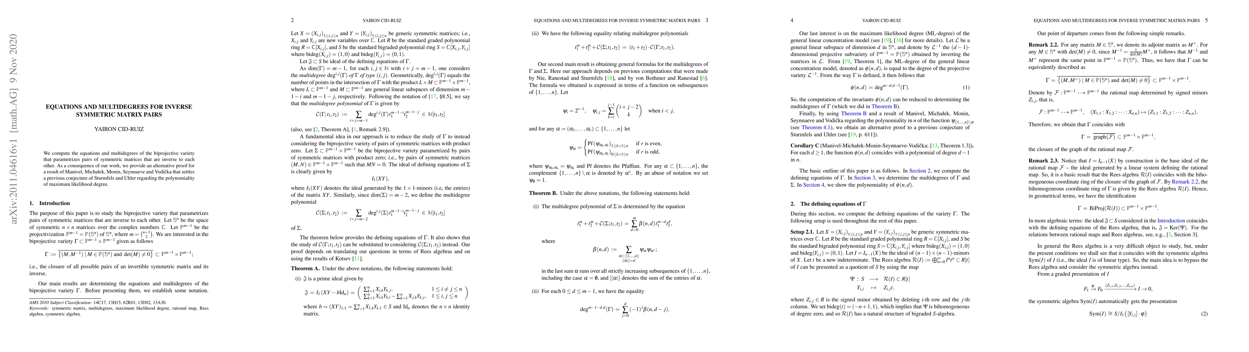 Thumbnail for Equations and multidegrees for inverse symmetric matrix pairs