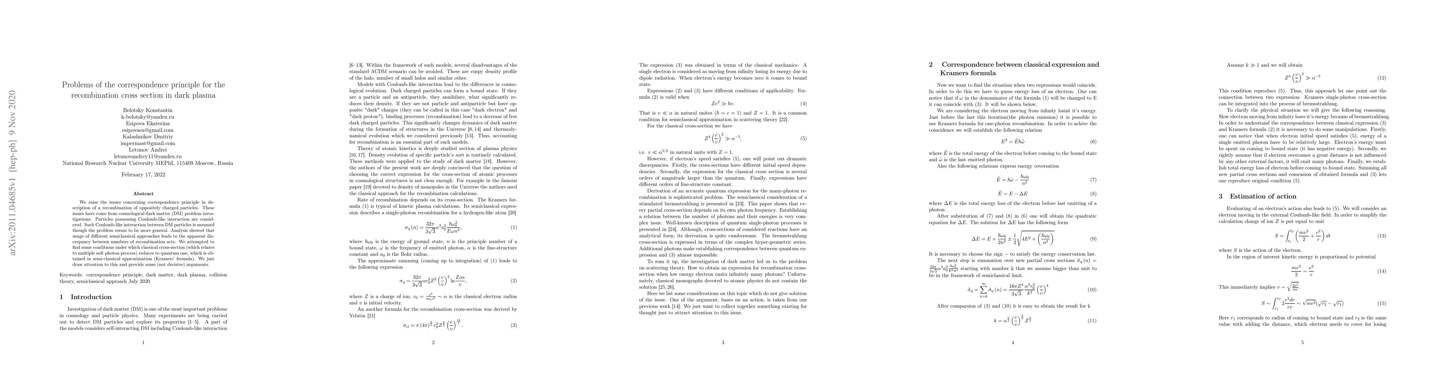 Thumbnail for Problems of the correspondence principle for the recombination cross
  section in dark plasma
