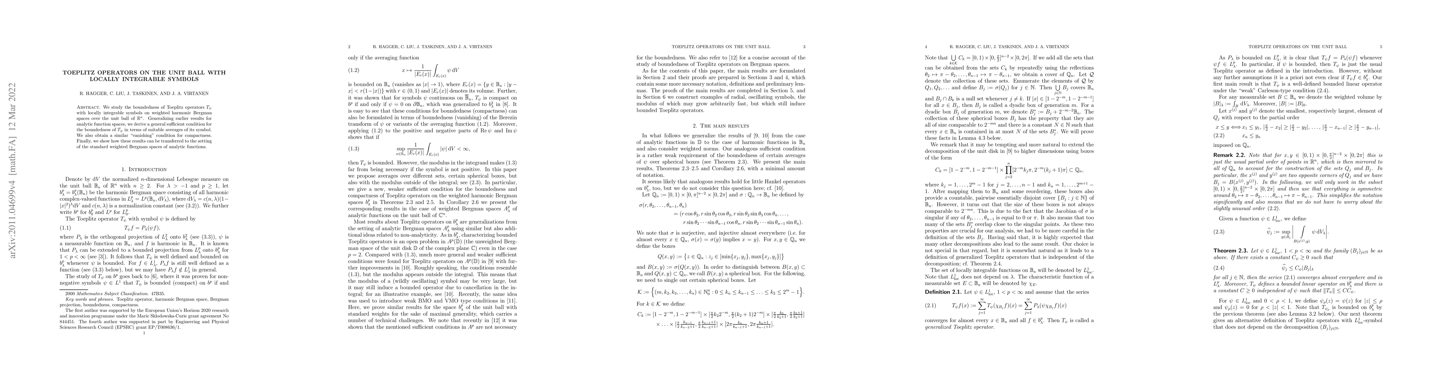 Thumbnail for Toeplitz operators on the unit ball with locally integrable symbols