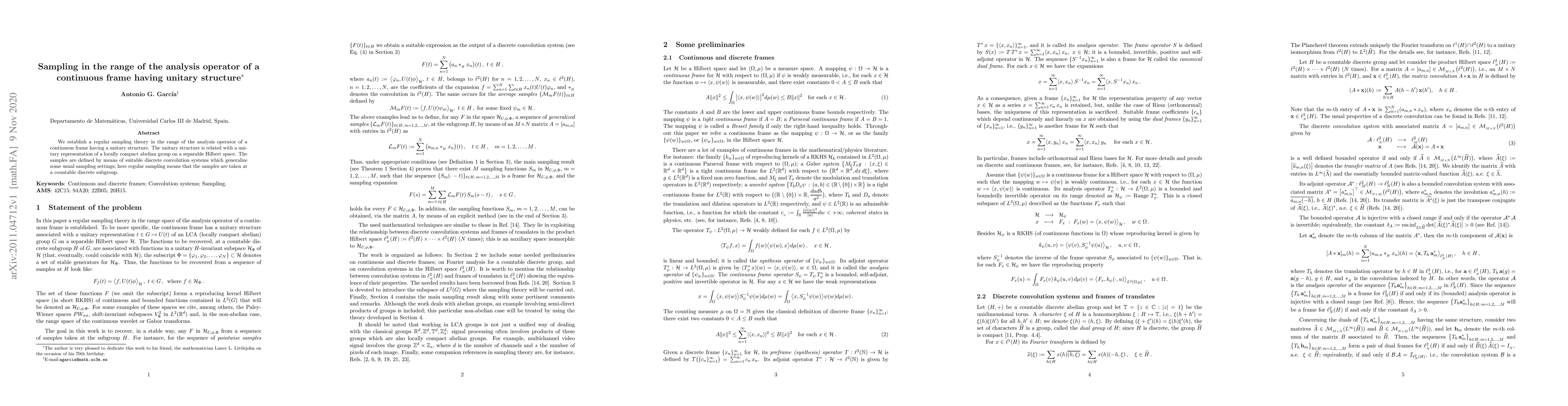 Thumbnail for Sampling in the range of the analysis operator of a continuous frame
  having unitary structure
