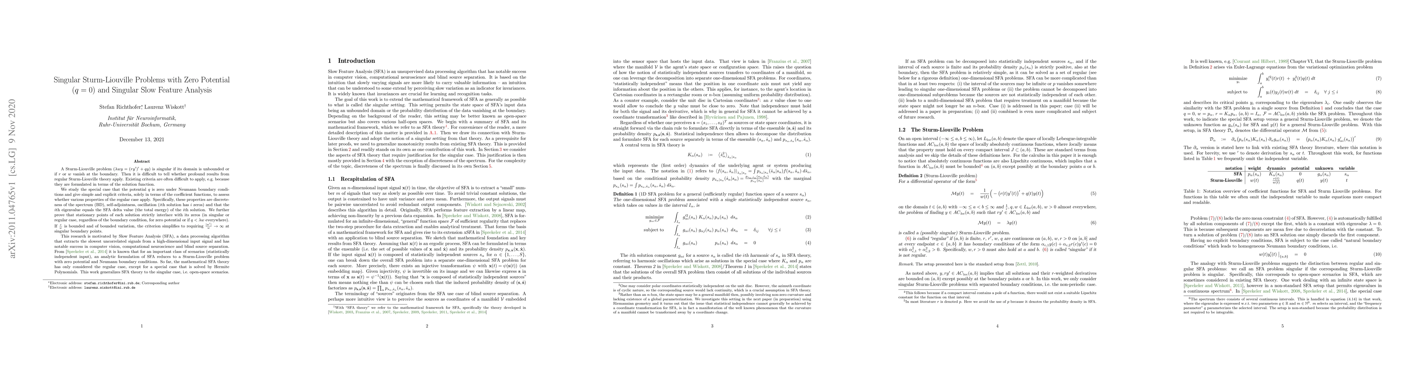 Thumbnail for Singular Sturm-Liouville Problems with Zero Potential (q=0) and Singular
  Slow Feature Analysis