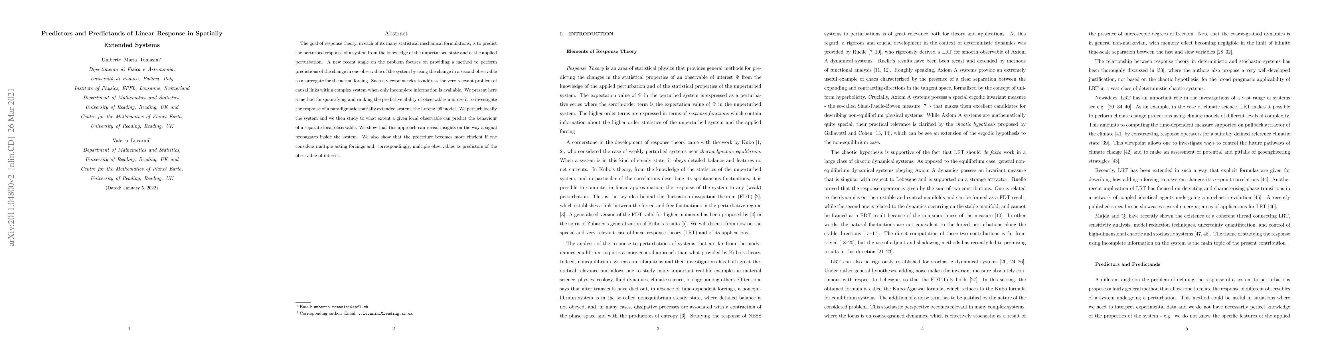 Thumbnail for Predictors and Predictands of Linear Response in Spatially Extended
  Systems