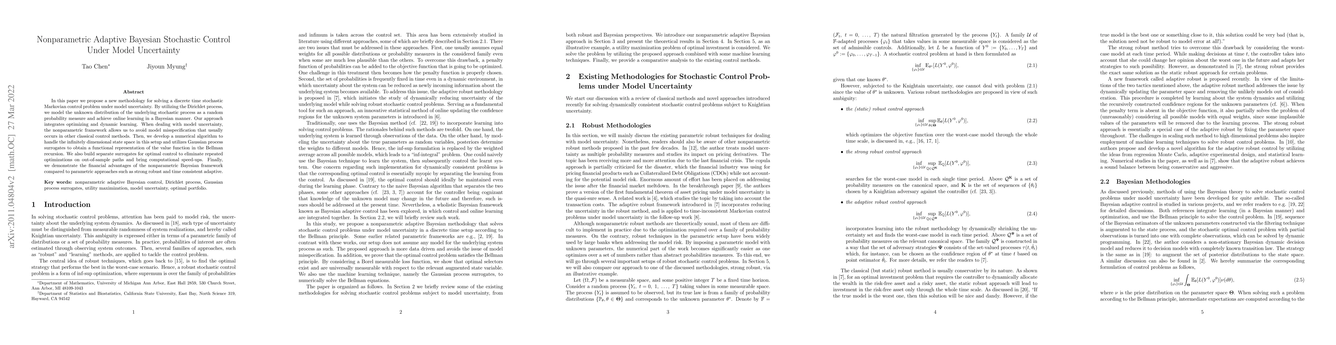 Thumbnail for Nonparametric Adaptive Bayesian Stochastic Control Under Model
  Uncertainty