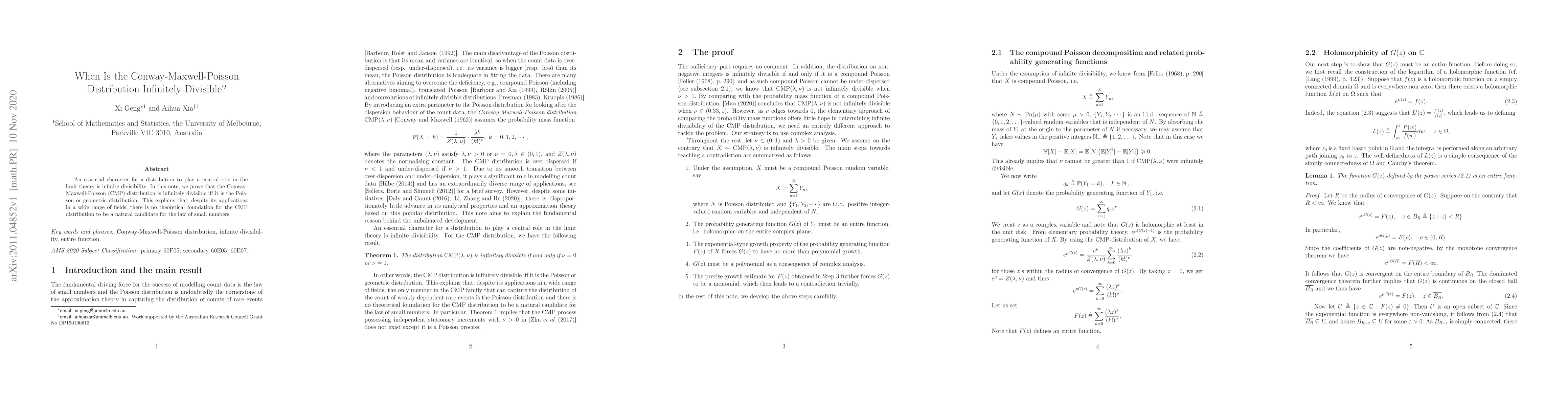 Thumbnail for When Is the Conway-Maxwell-Poisson Distribution Infinitely Divisible?