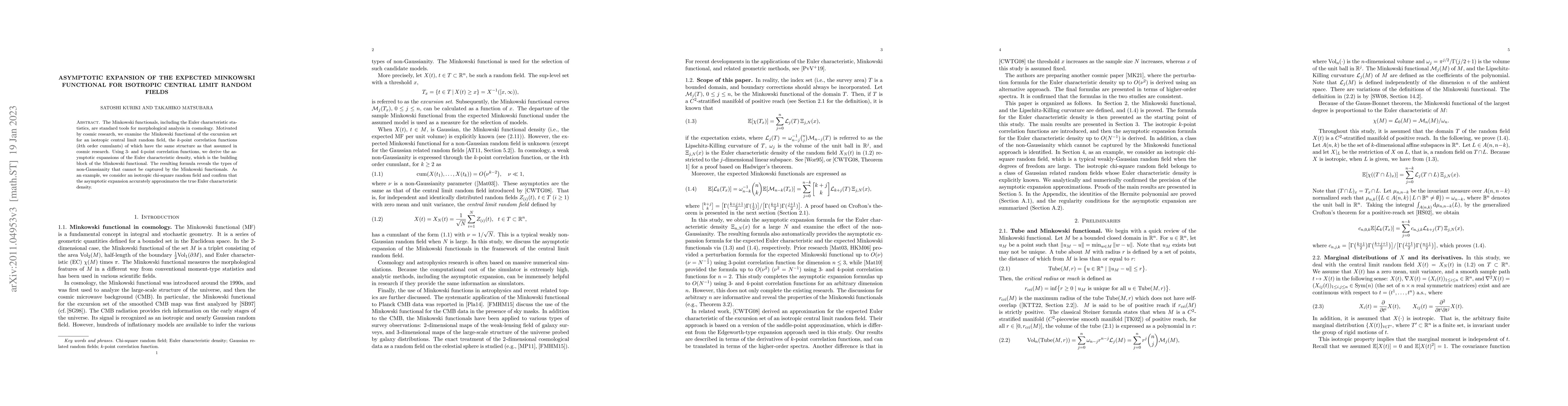 Thumbnail for Asymptotic expansion of the expected Minkowski functional for isotropic
  central limit random fields
