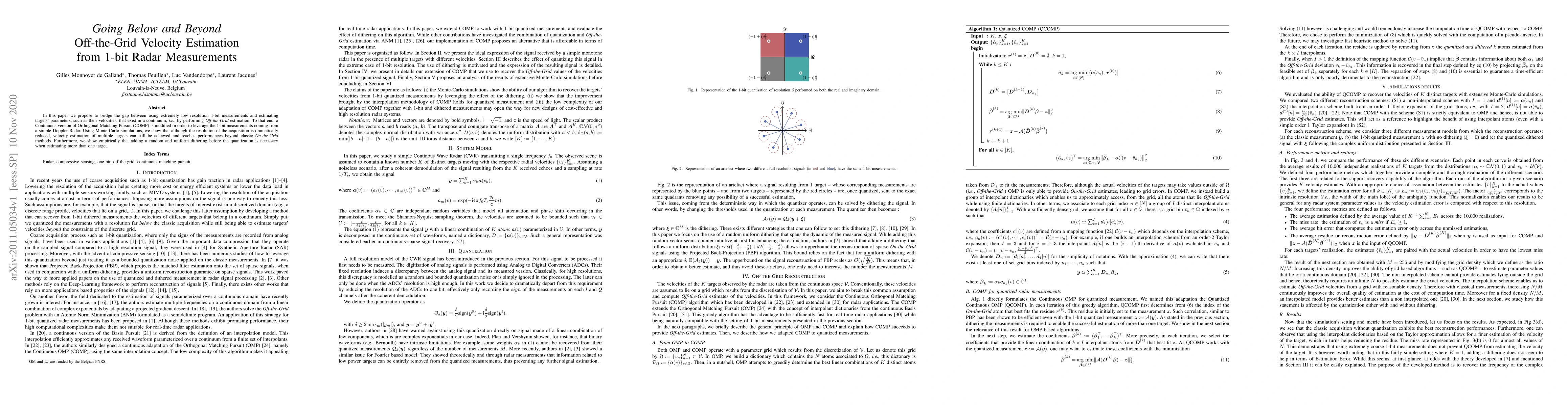 Thumbnail for Going Below and Beyond, Off-the-Grid Velocity Estimation from 1-bit
  Radar Measurements